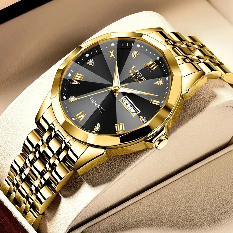 LIGE women's gold-tone wristwatch by Simples Market, black dial with diamond markers, day-date window, gold bracelet.