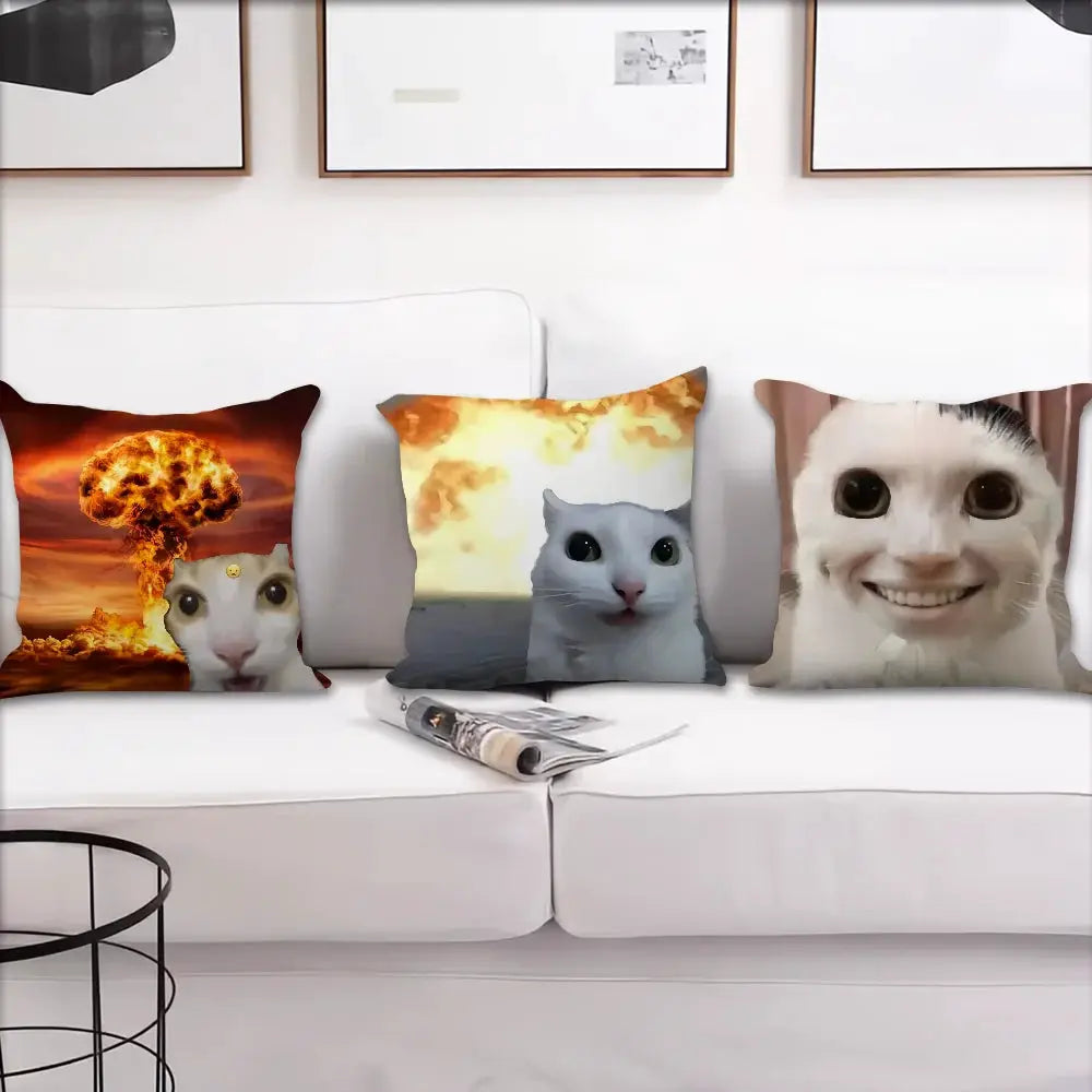 Simples Market cushion covers: three cat meme pillow covers with explosion backdrop and smiling cat designs
