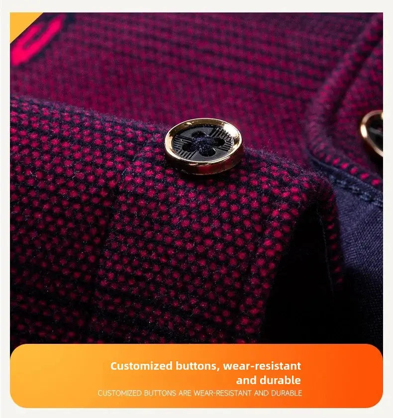 Men's long-sleeve fleece shirt by Simples Market, burgundy dotted fabric with gold buttons