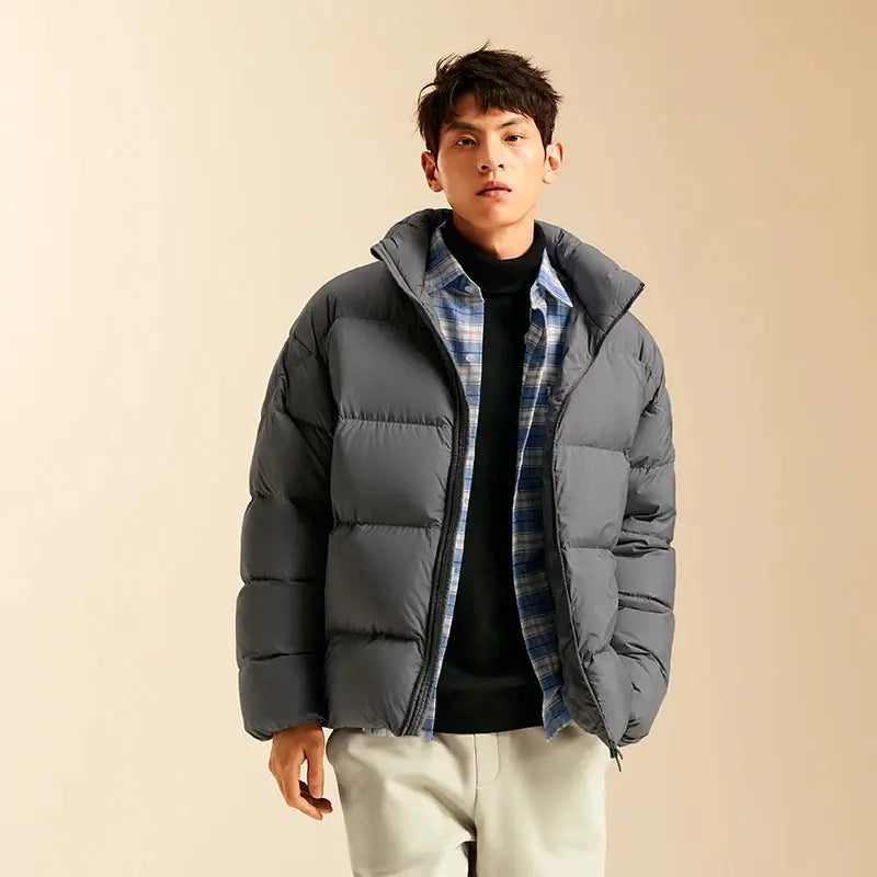 Men's grey puffer down jacket with stand collar, thick quilted warmth