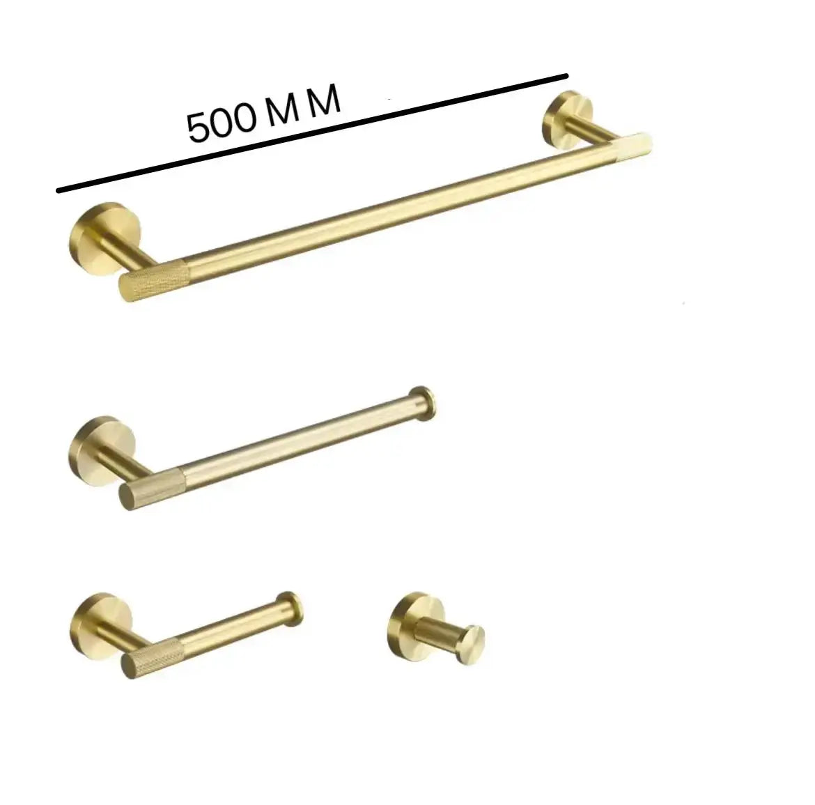Brushed gold knurled brass bathroom hardware set, 5-piece: towel bar, towel ring, robe hook, toilet paper holder