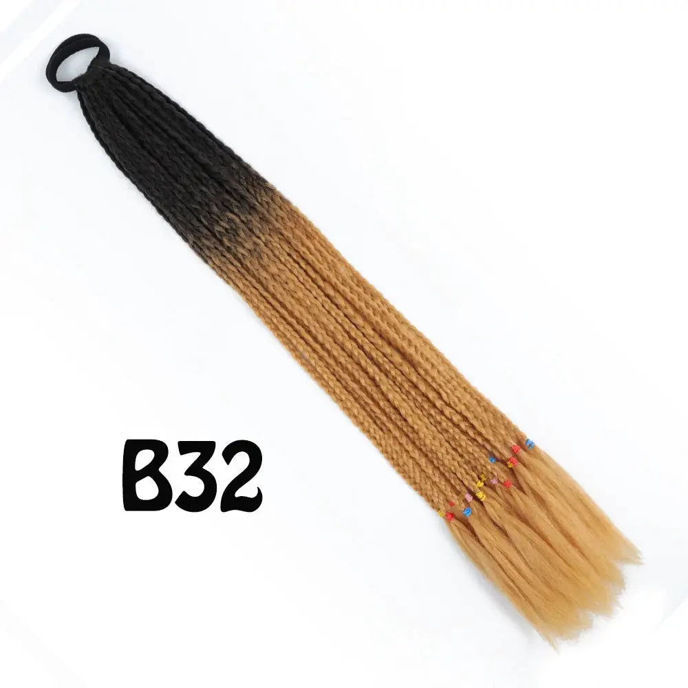 Ponytail extension with gradient braided hair, elastic band, 24in, black to blonde with colorful bead accents