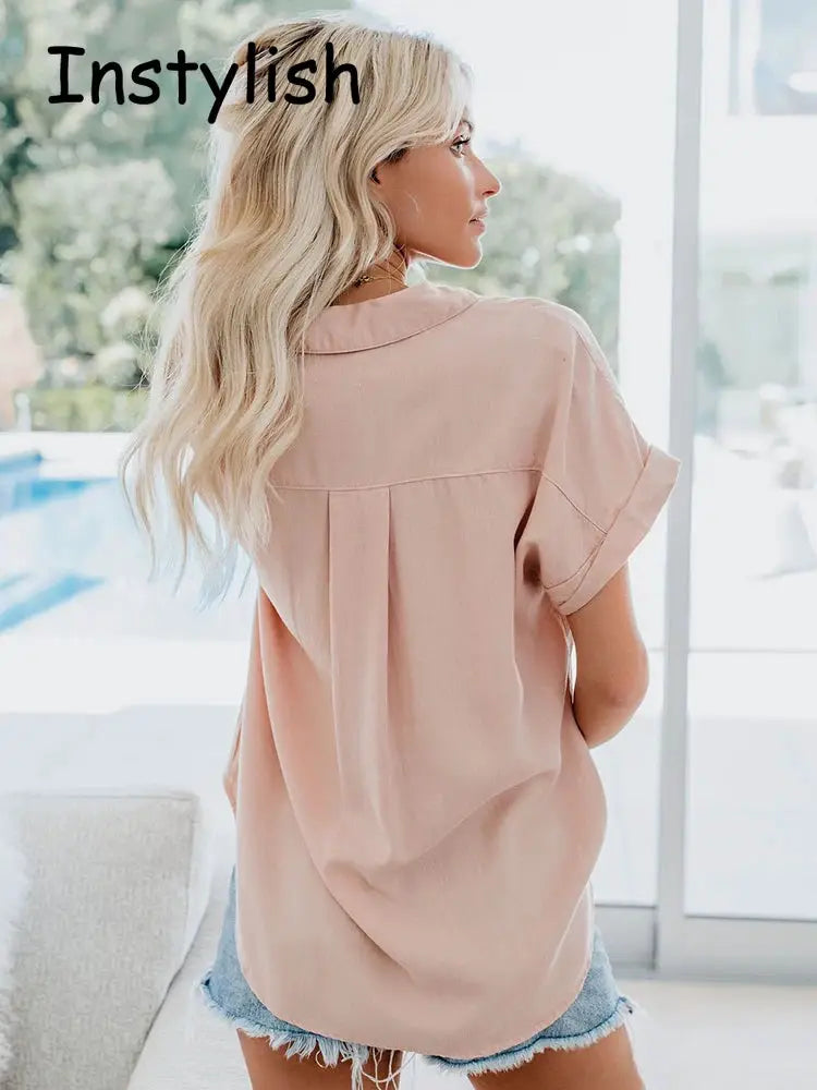Women Elegant Blouse Short Sleeve Turn Down Collar Loose Tunic Tops