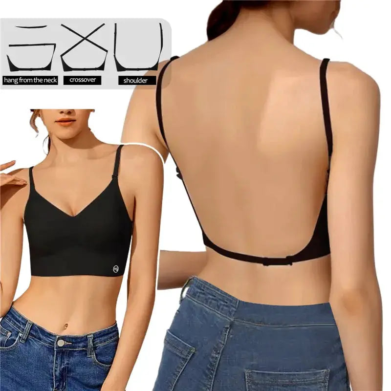 Simples Market black invisible bra bralette with deep U plunge, backless design and transparent straps