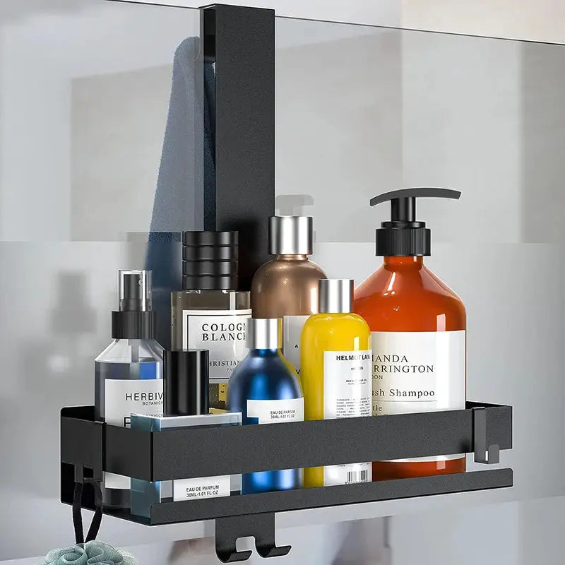 Movable black steel bathroom shelf organizer with no-drill shower support for multipurpose storage