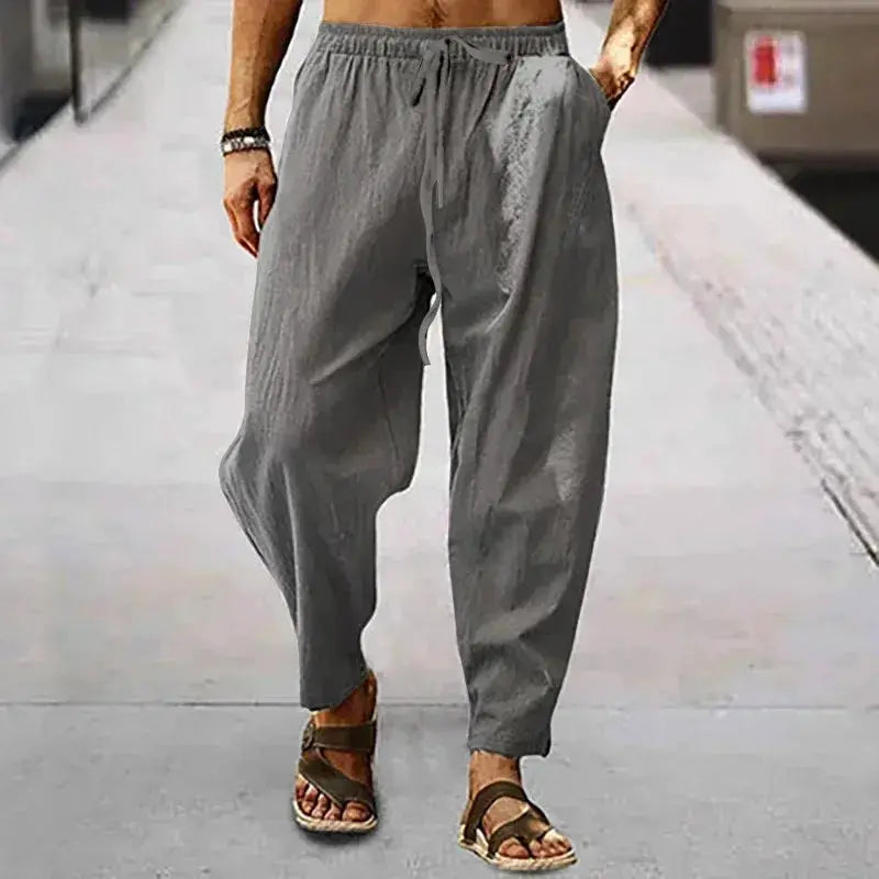 New Men's Cotton Linen Pants Summer and Autumn High Waist Wide Leg Trousers Breathable Casual Loose Fit
