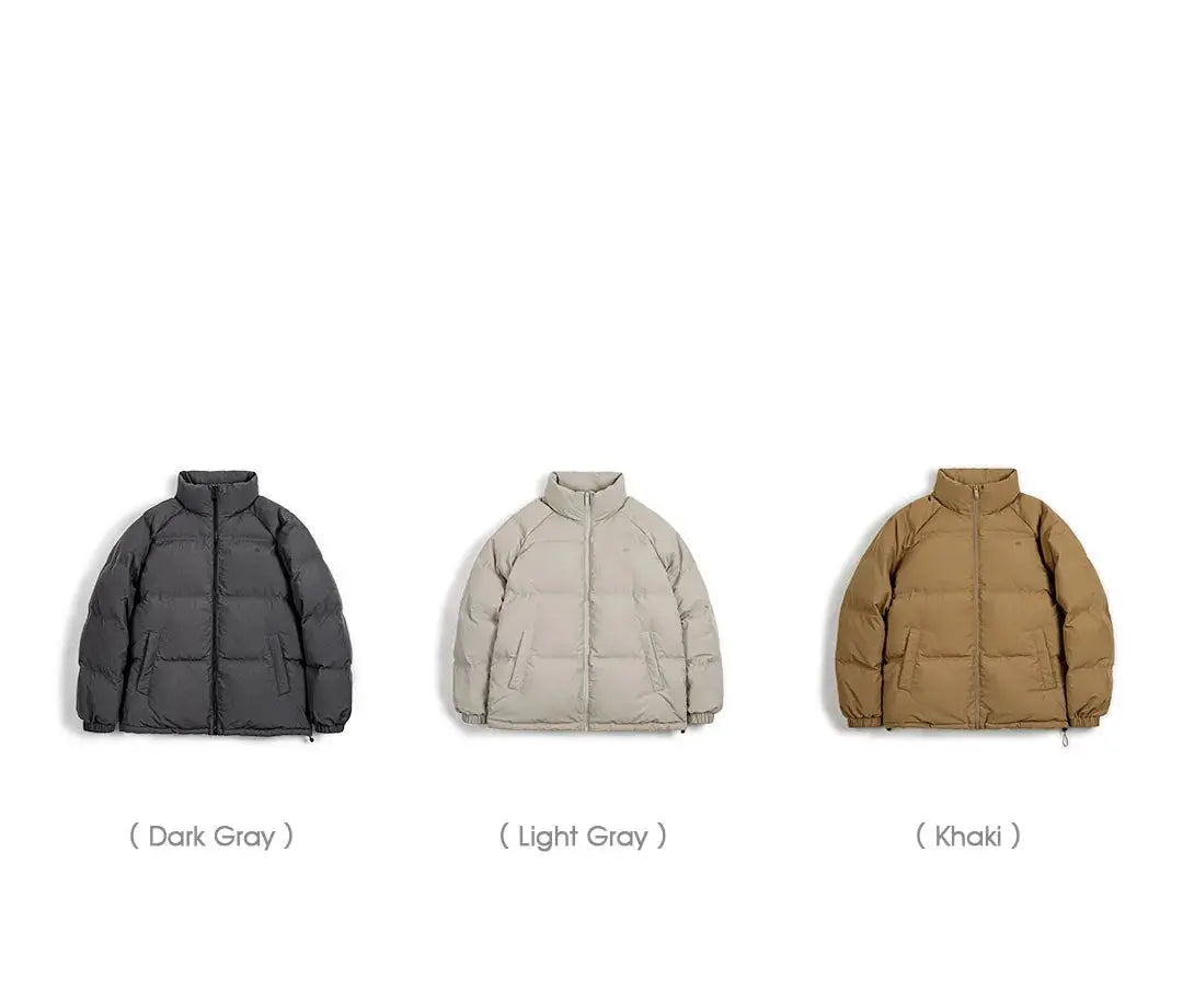 Simples Market Maden Winter Down Jacket for Men in three colorways: dark gray, light gray, and khaki; duck-down filling, waterproof stand-up collar coat.
