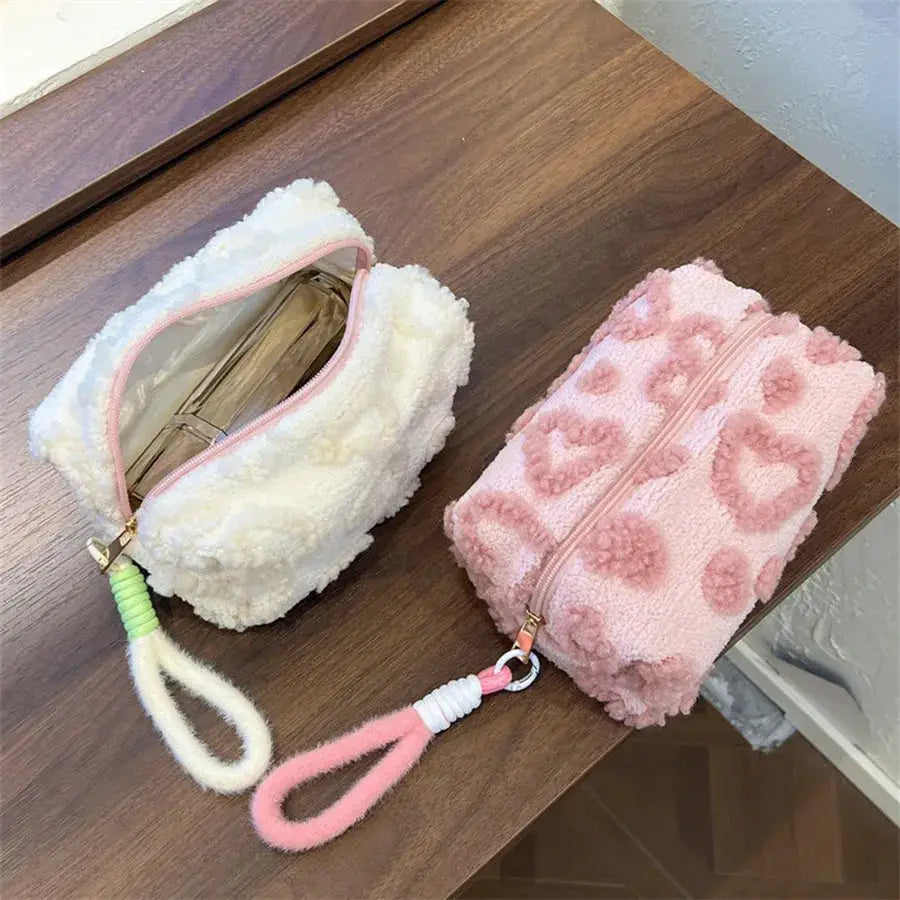 Plush Makeup Bags With Handle Portable Travel Cosmetic Storage Organizer Love Print