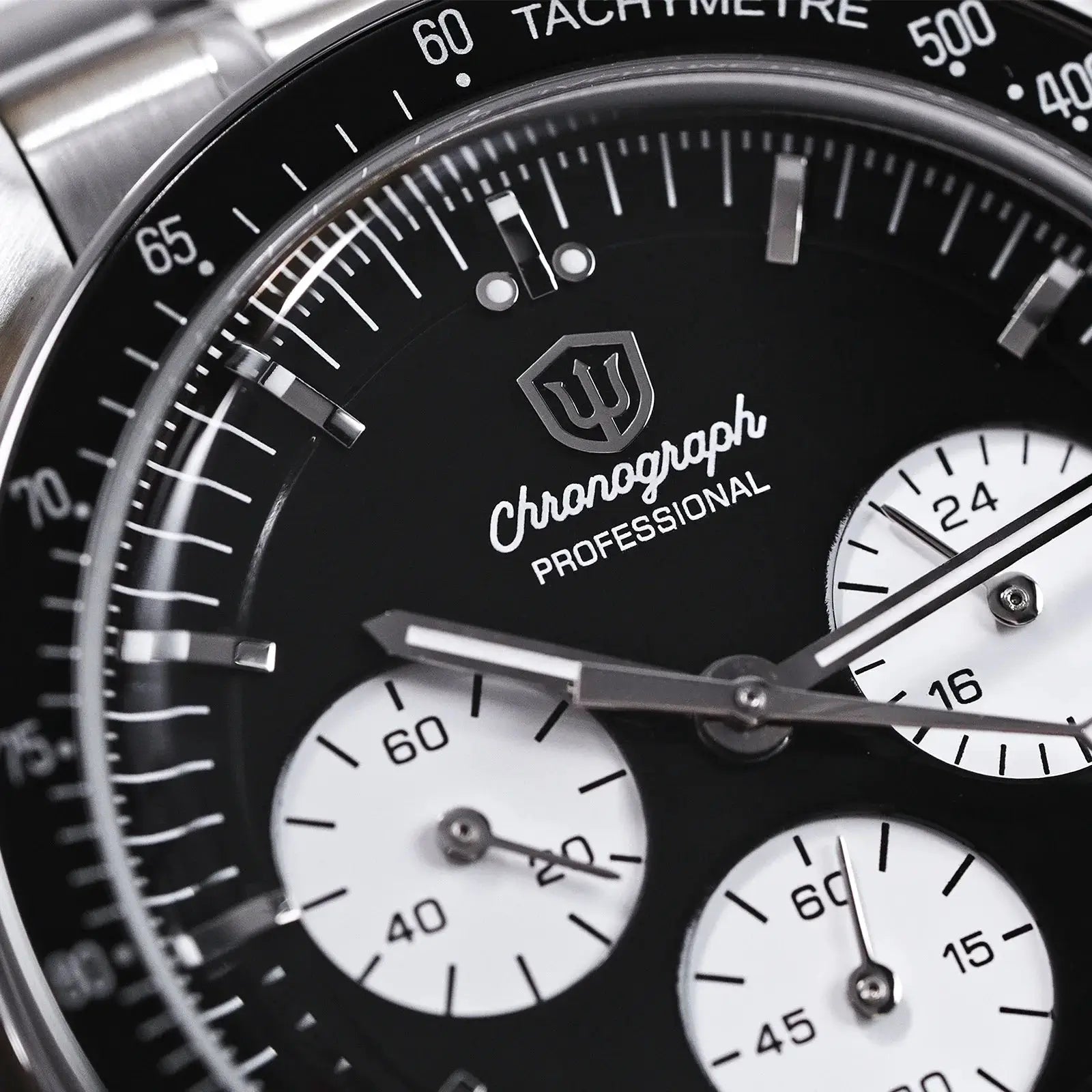 Watchdives WD1863 chronograph watch with black dial, white subdials, stainless steel case, 39mm, 10Bar waterproof.