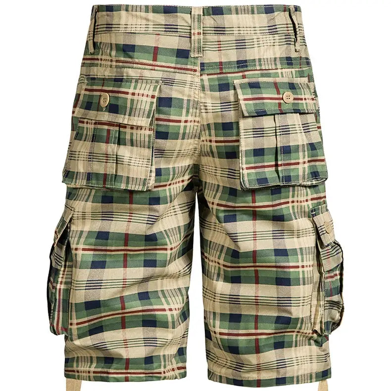 Men's medium cotton plaid cargo shorts with multiple pockets in beige and green plaid.