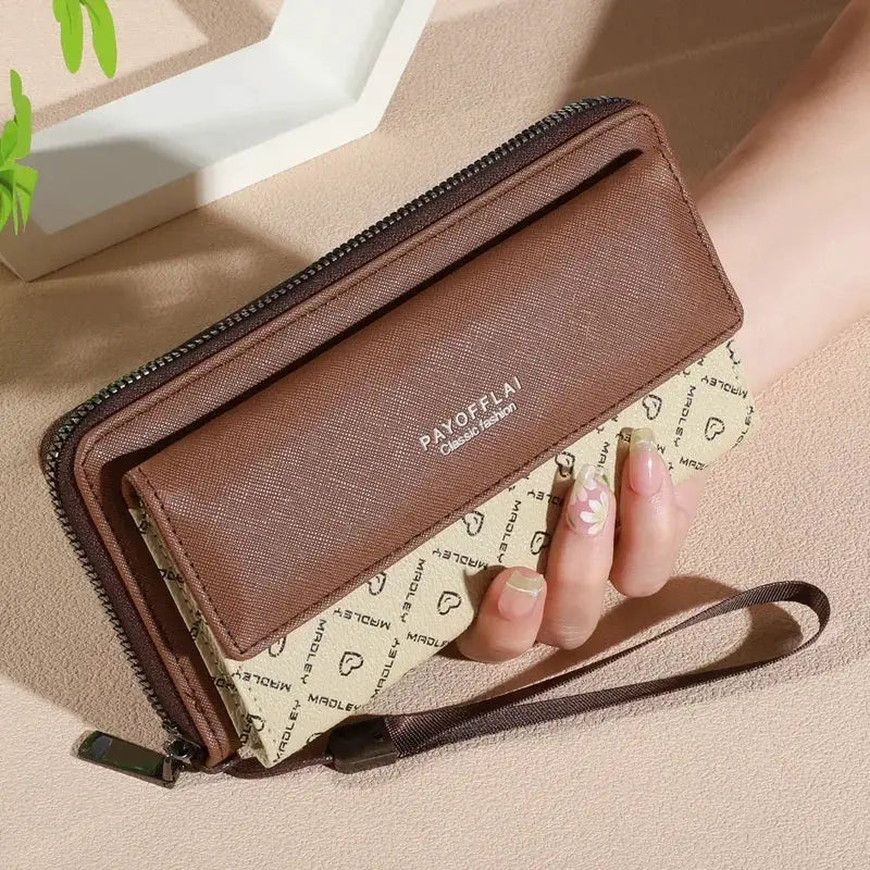 Wallet by Simples Market; men's faux leather, double-layer with snap closure, zippered card holder and photo compartment, brown.