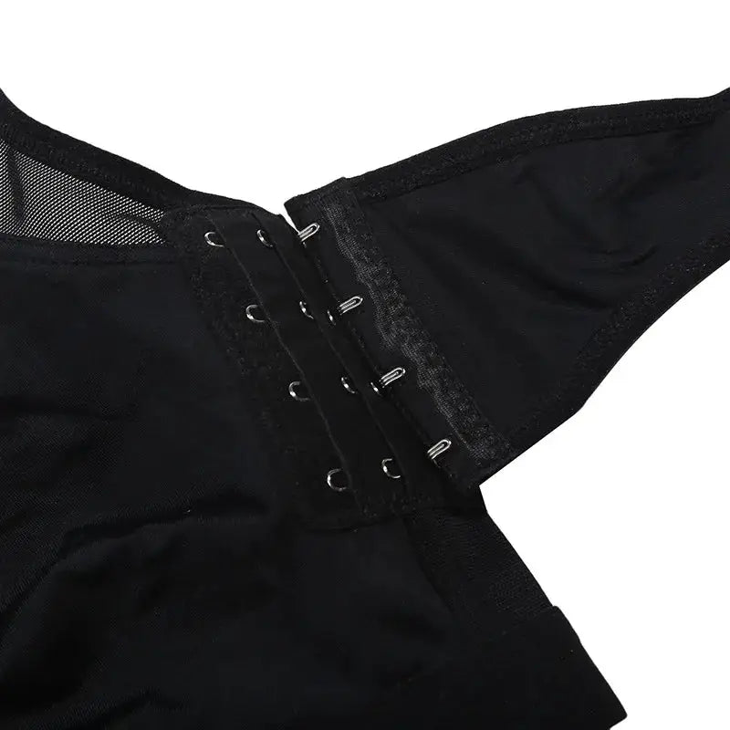 Black post-surgery front-closure breast support bra with multiple hook-and-eye fasteners, compression underwear