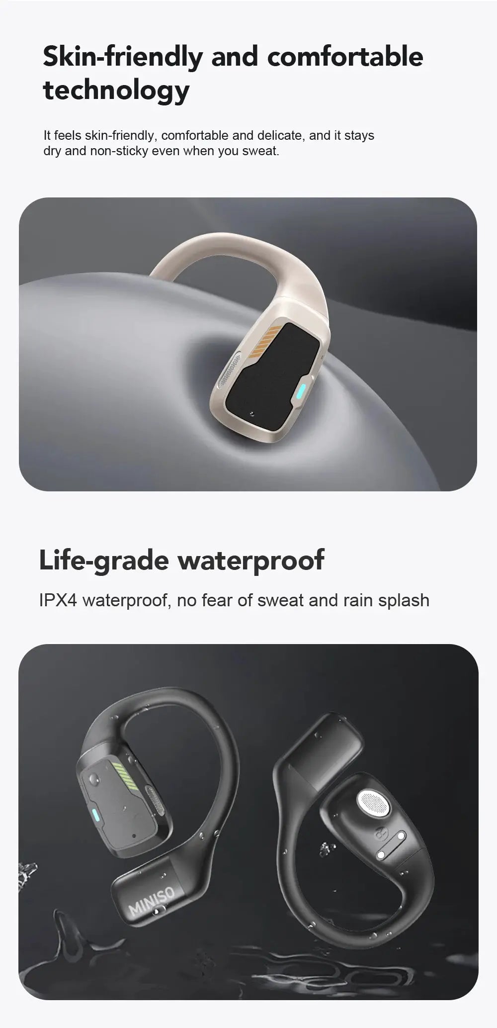 Two wireless audio devices: beige AI MINISO M98 over-ear headset and black MINISO sport Bluetooth earphones