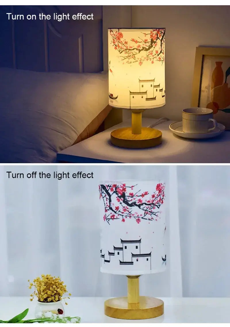 LED table lamp with plum blossom fabric shade, Chinese-style, dimmable EU plug, wooden base by Simples Market