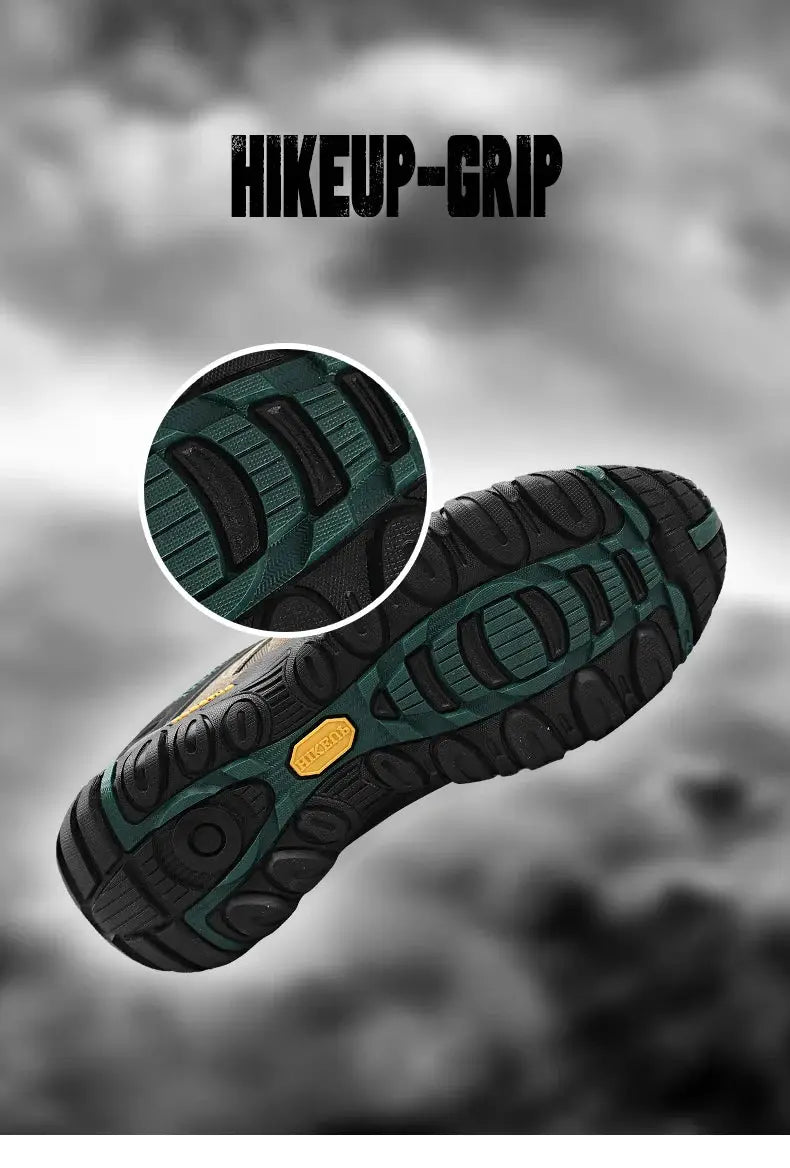 HIKEUP Men’s hiking shoes outsole in green and black rubber with rugged traction, Simples Market.