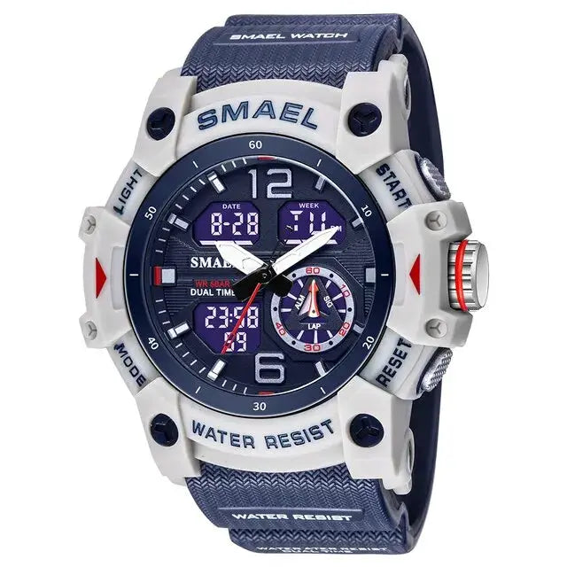 SMAEL sport watch with blue dial, gray bezel, and blue strap; water resistant military-style wristwatch.