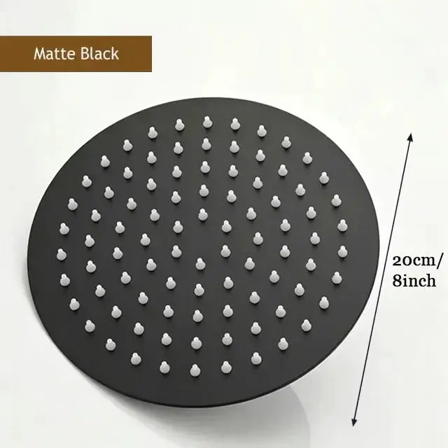 Shower head, Simples Market matte black round, 8-inch diameter, high-pressure waterfall design.