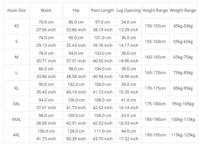 Simples Market mens waterproof cargo pants size chart with waist, hip, pant length, leg opening, height and weight ranges XS–4XL