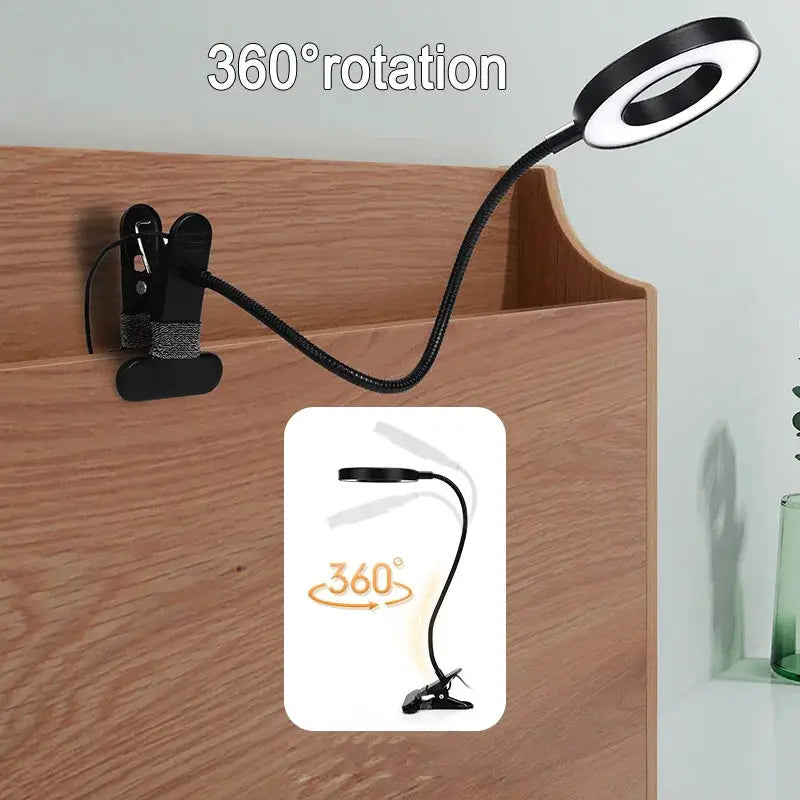 LED ring clamp lamp by Simples Market, black gooseneck USB-powered, 360° rotatable head for nail art and desk use