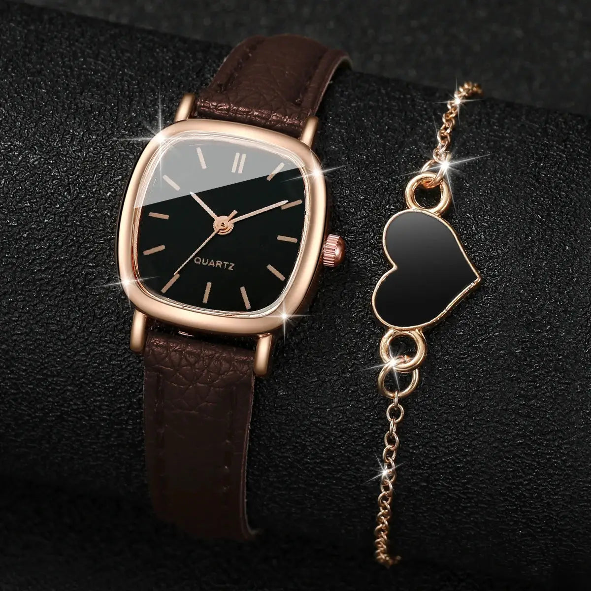 2-piece watch set with rose-gold square-faced quartz watch and brown leather strap and matching heart bracelet