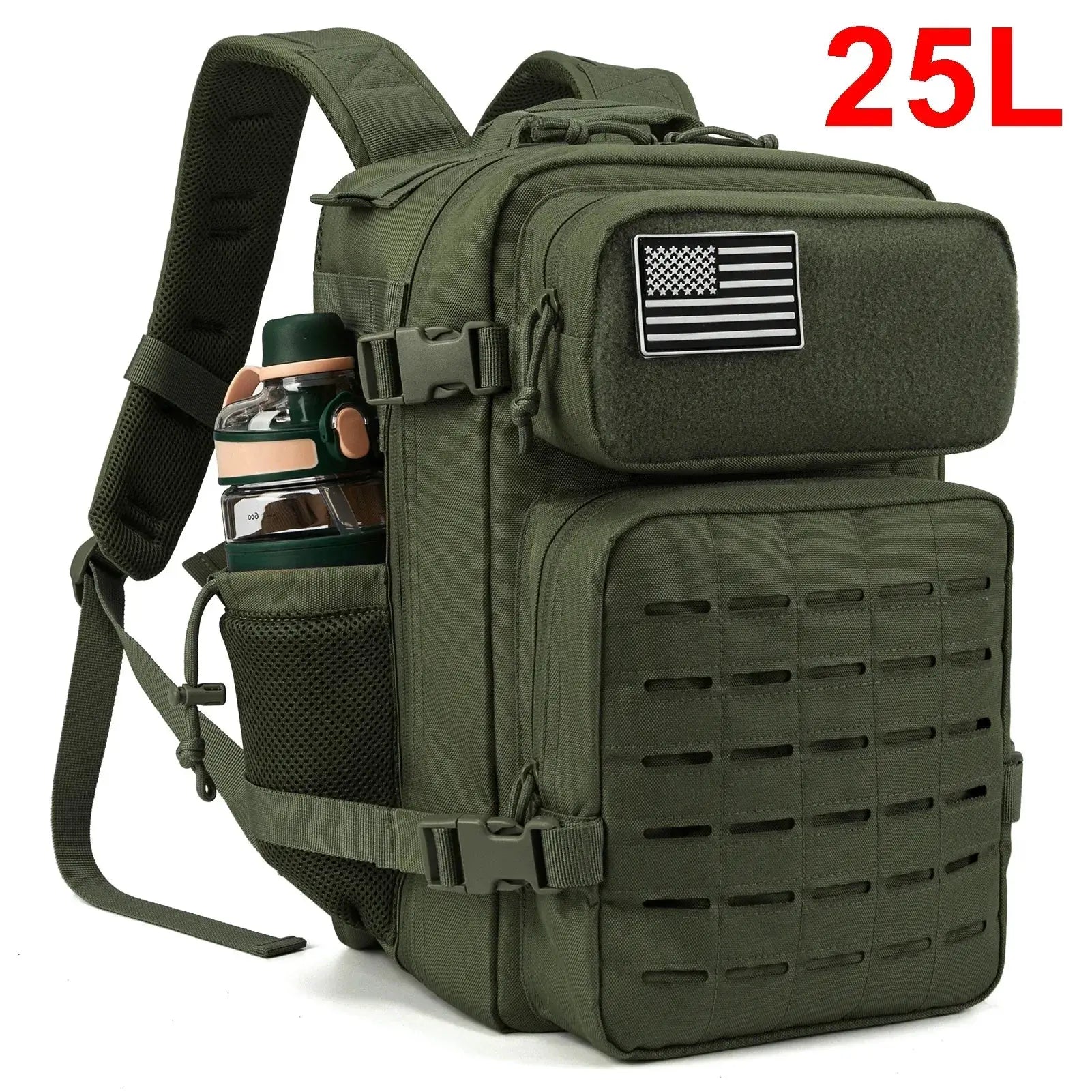 25L tactical backpack, green with MOLLE panels, water bottle holder and US flag patch