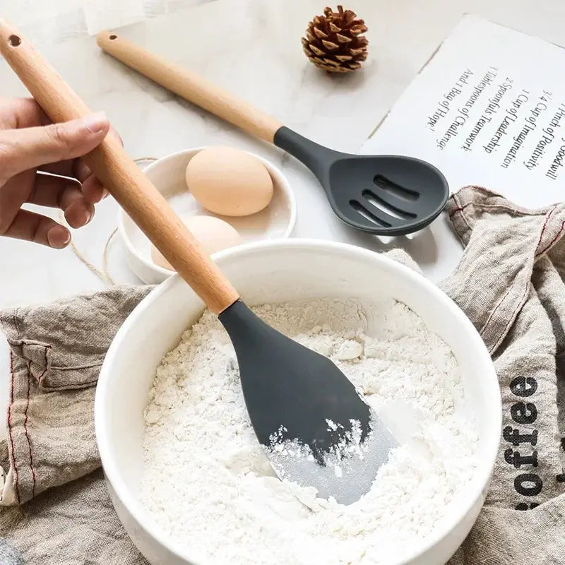ChefGlow 12-Piece Silicone Kitchen Utensil Set With Nonstick Heat-Resistant Heads And Wooden Handles