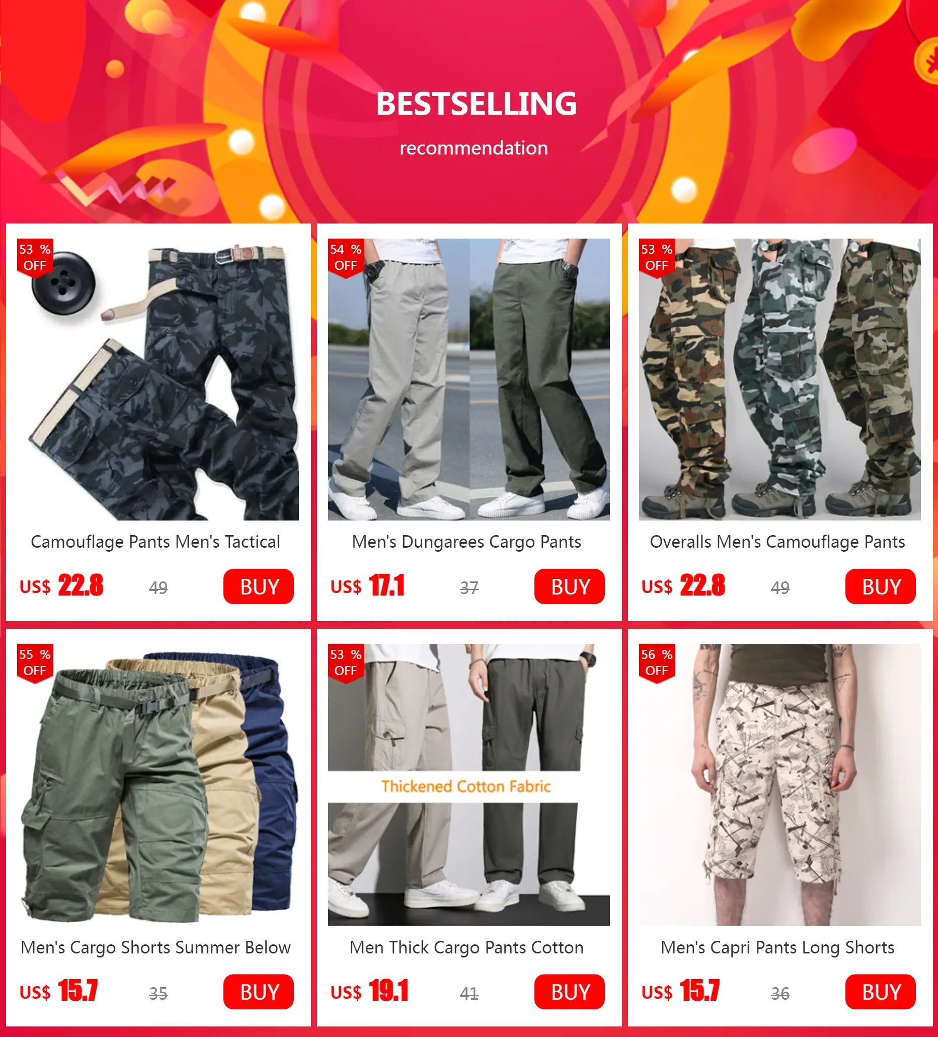 Men's pants collection by Simples Market showing camouflage cargo pants, cargo shorts, and straight trousers.