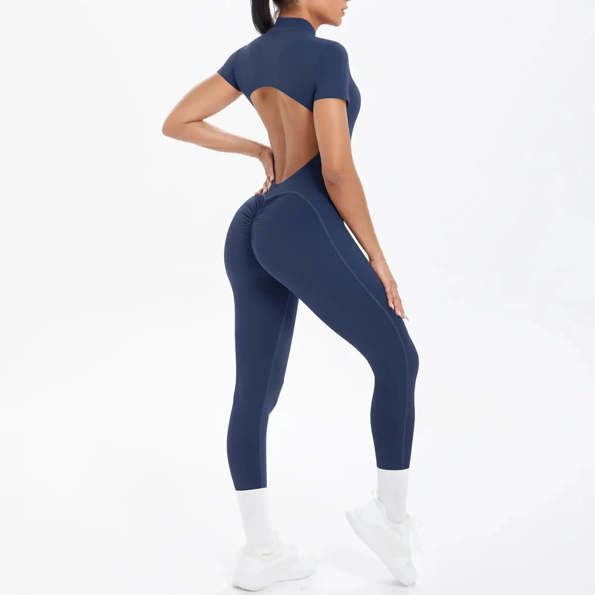 Short-sleeve backless fitness jumpsuit, navy scrunch one-piece for gym and yoga