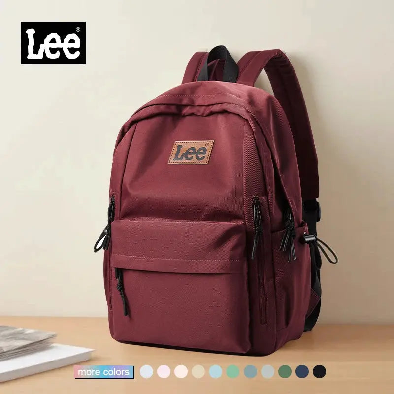 Lee 16-inch laptop backpack in maroon Oxford fabric with large capacity and multiple zip pockets