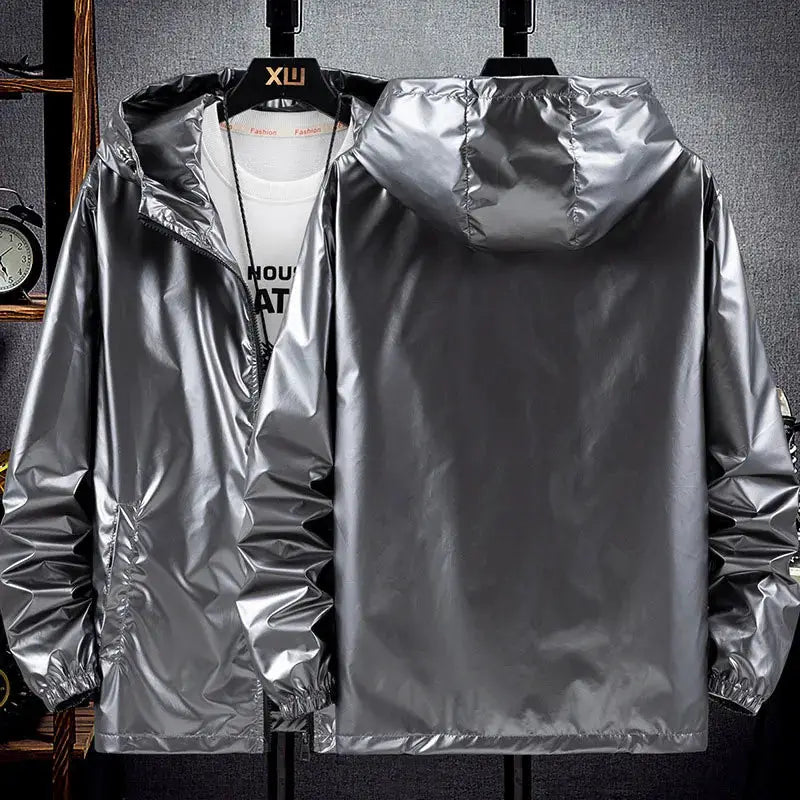 Men's shiny silver hooded bomber windbreaker jacket with zipper, lightweight waterproof coat