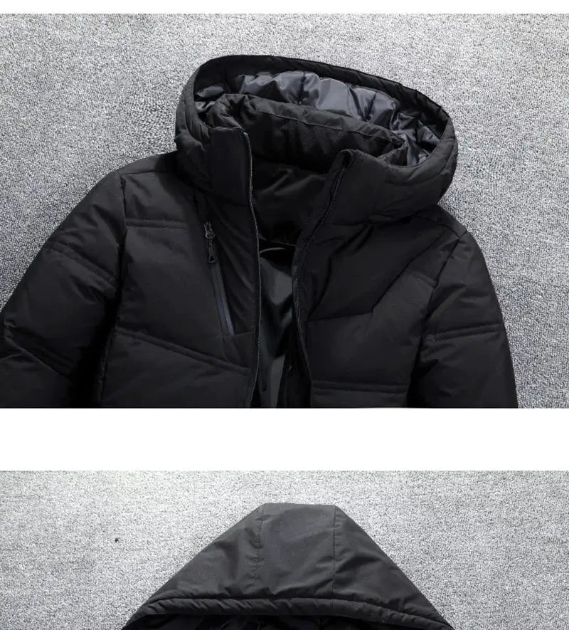 Men's black hooded down jacket, thick quilted puffer with front zipper and chest pocket.