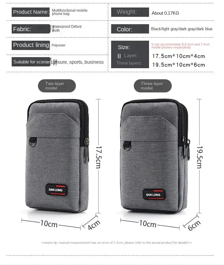 Men's Waterproof Tactical Waist Pack by SAN LONG, gray Oxford fabric, two-layer and three-layer models
