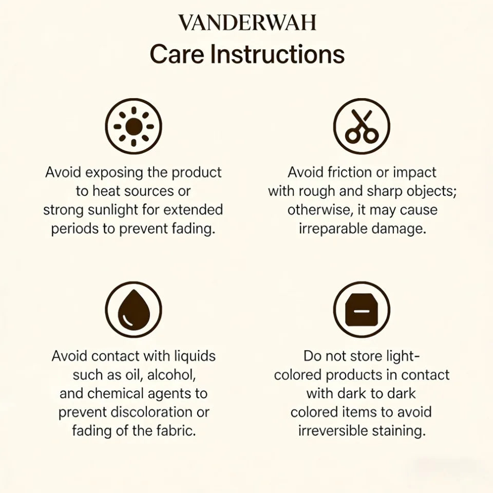 Vanderwah care instructions: four icons depict heat exposure, friction, liquid contact, and color transfer risks.