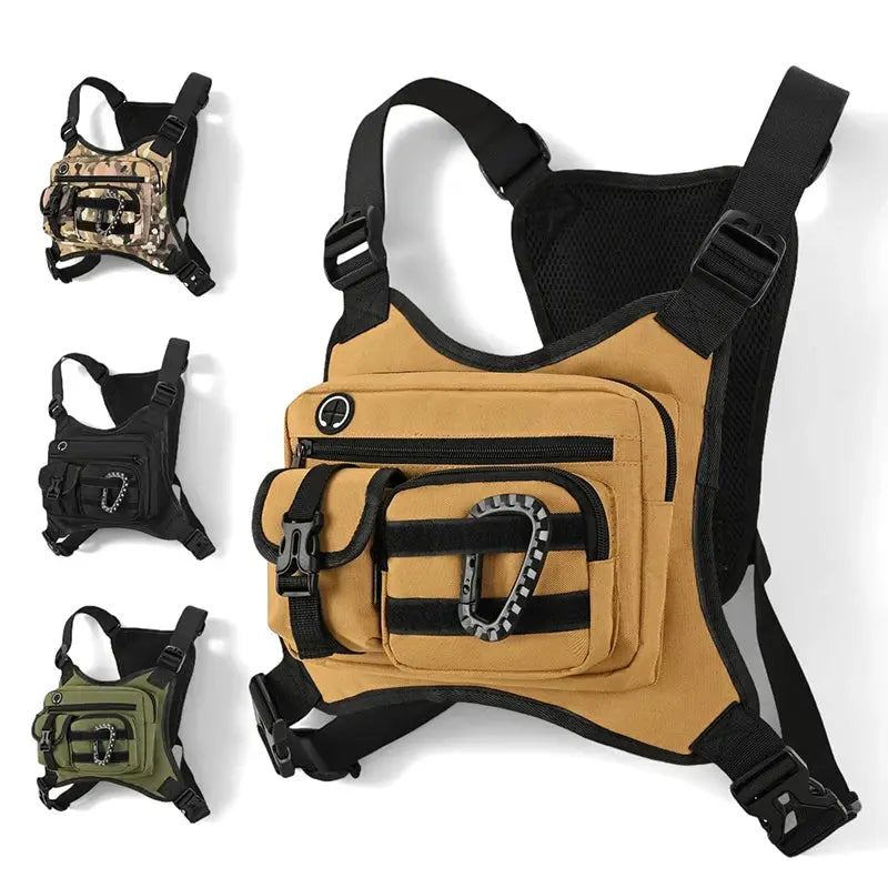 Outdoor tactical chest bag for men by Simples Market, tan with front pockets and carabiner; shown in 4 color options