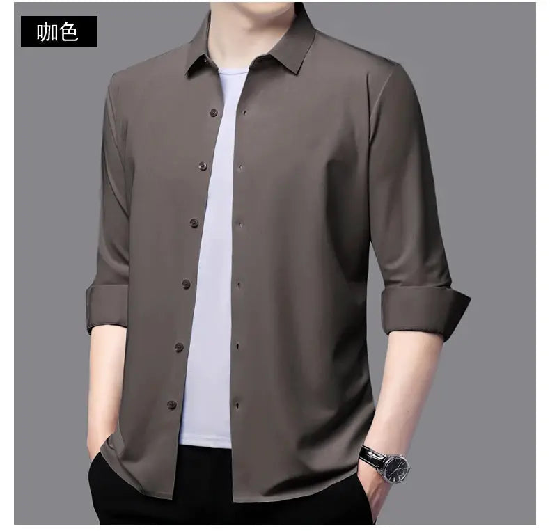 Premium men's ultra-stretch silky shirt by Simples Market, coffee brown, long-sleeve