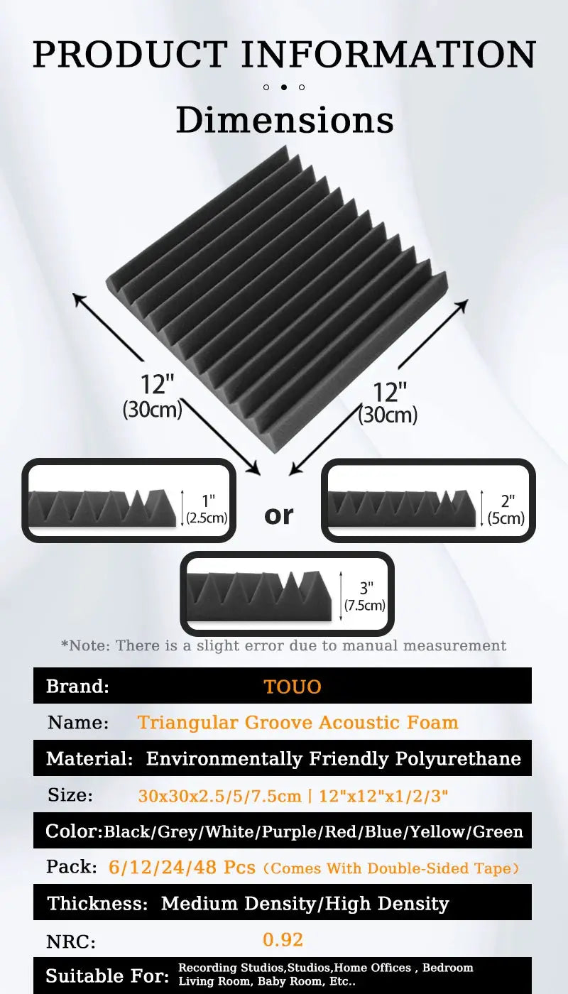 TOUO Triangular Groove Acoustic Foam Panels, 12x12 inches, black, 6–48 pcs soundproofing set