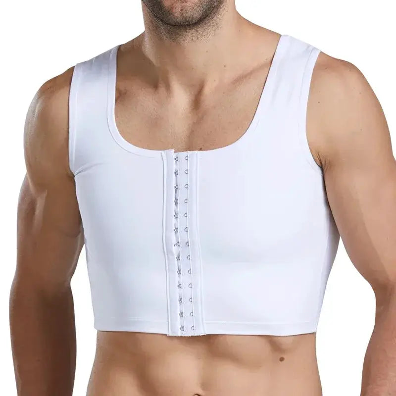Men's white compression shapewear vest with front hook closure for chest and abdomen shaping.