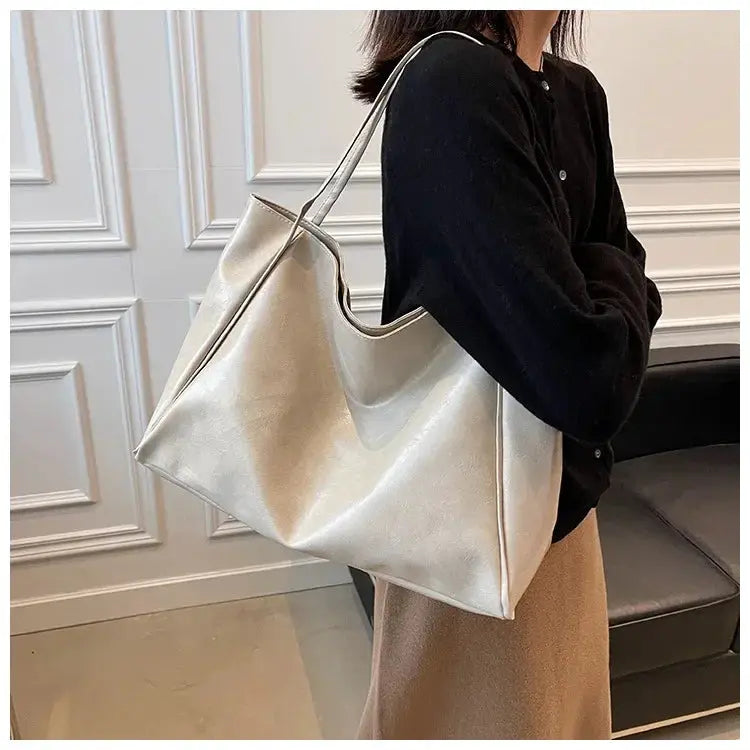 Women’s cream PU leather tote bag with large capacity and shoulder strap