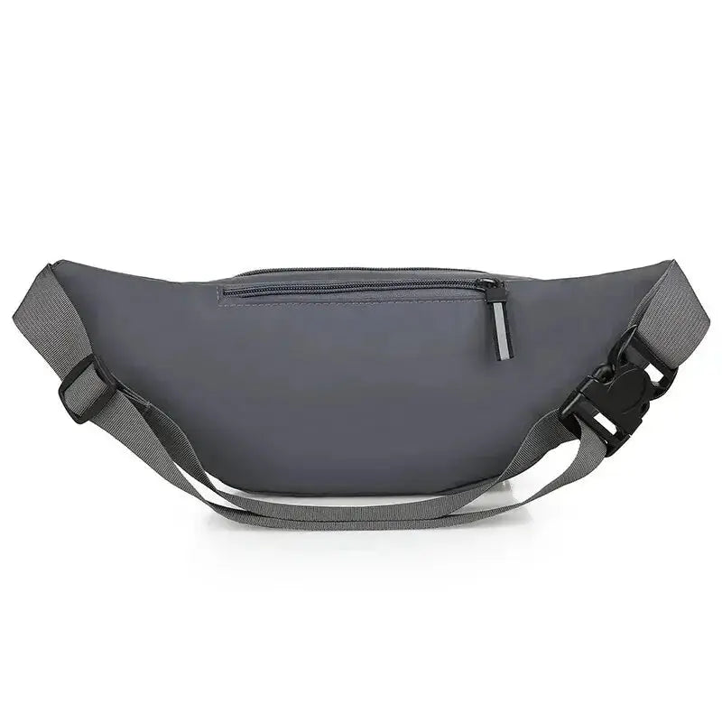 Men's canvas waistpack in gray with front zipper pocket and adjustable strap