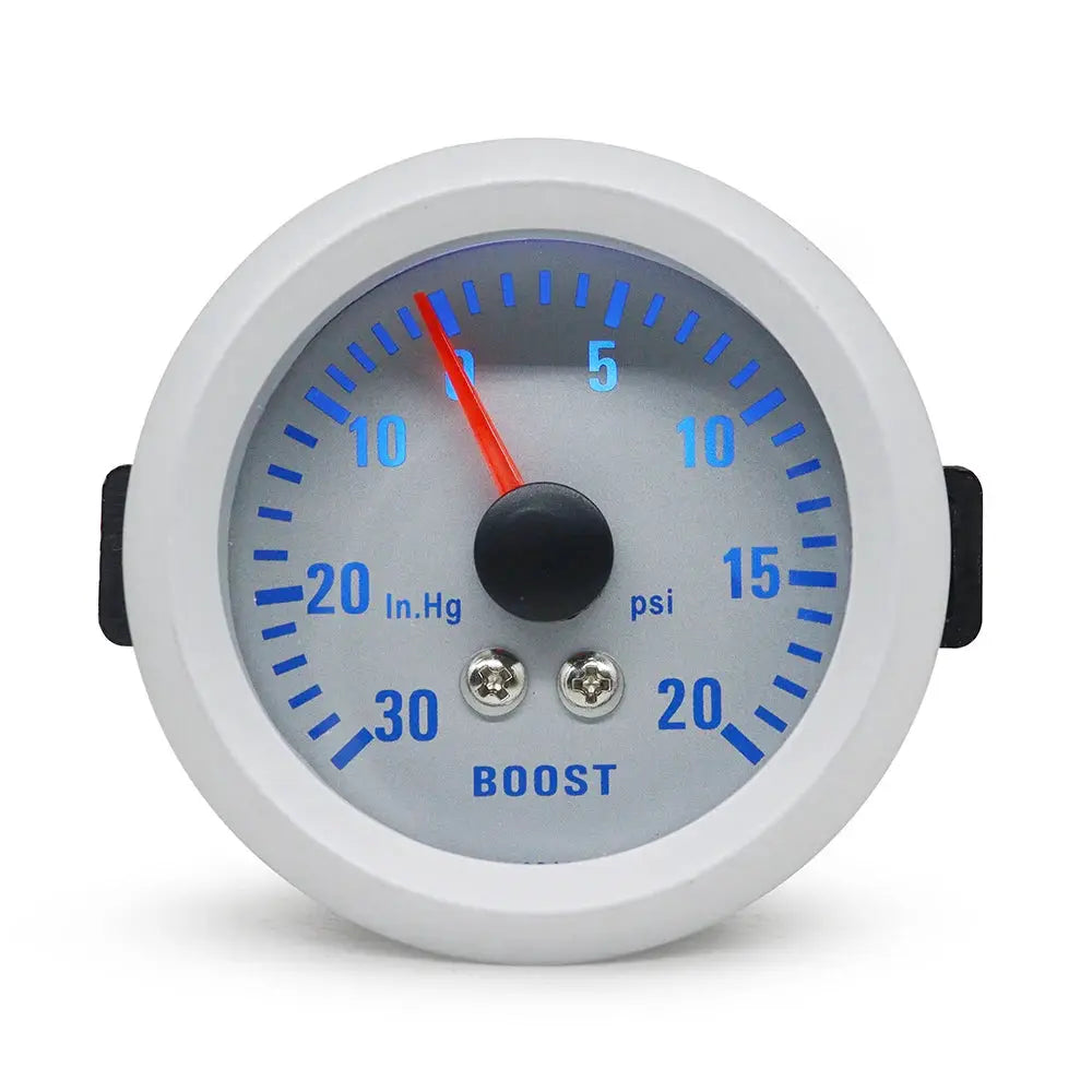 Dragon Gauge 52mm LED boost gauge for cars with white bezel, blue numerals, red needle