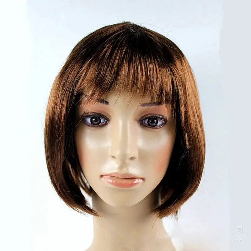 Bob wig for women, short brown bob with lighter highlights, synthetic.