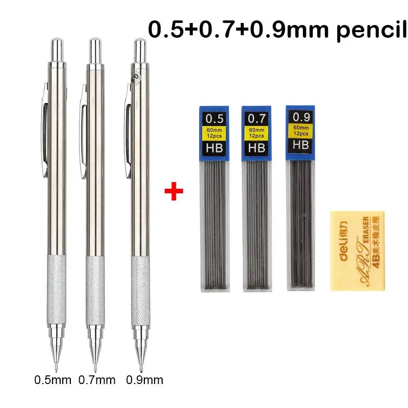 Simples Market mechanical pencil set; three full-metal pencils with 0.5/0.7/0.9mm tips and included lead packs