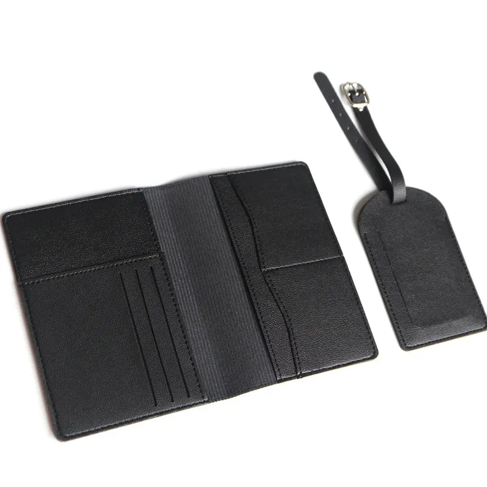 Black leather passport cover set with card slots and luggage tag - 2-piece travel essentials