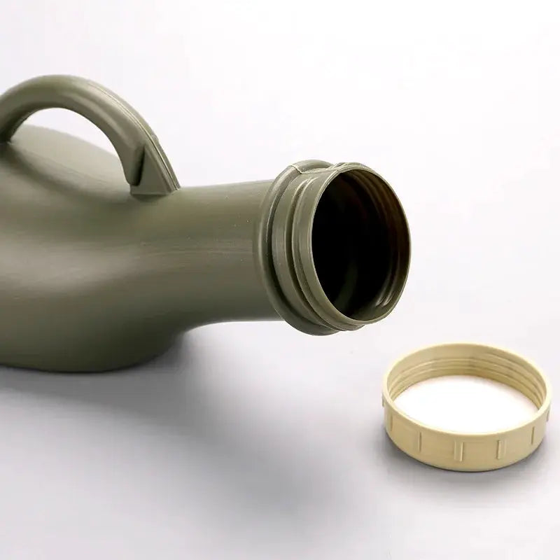Urinal bottle by Simples Market; lightweight olive green plastic with screw-on cap.