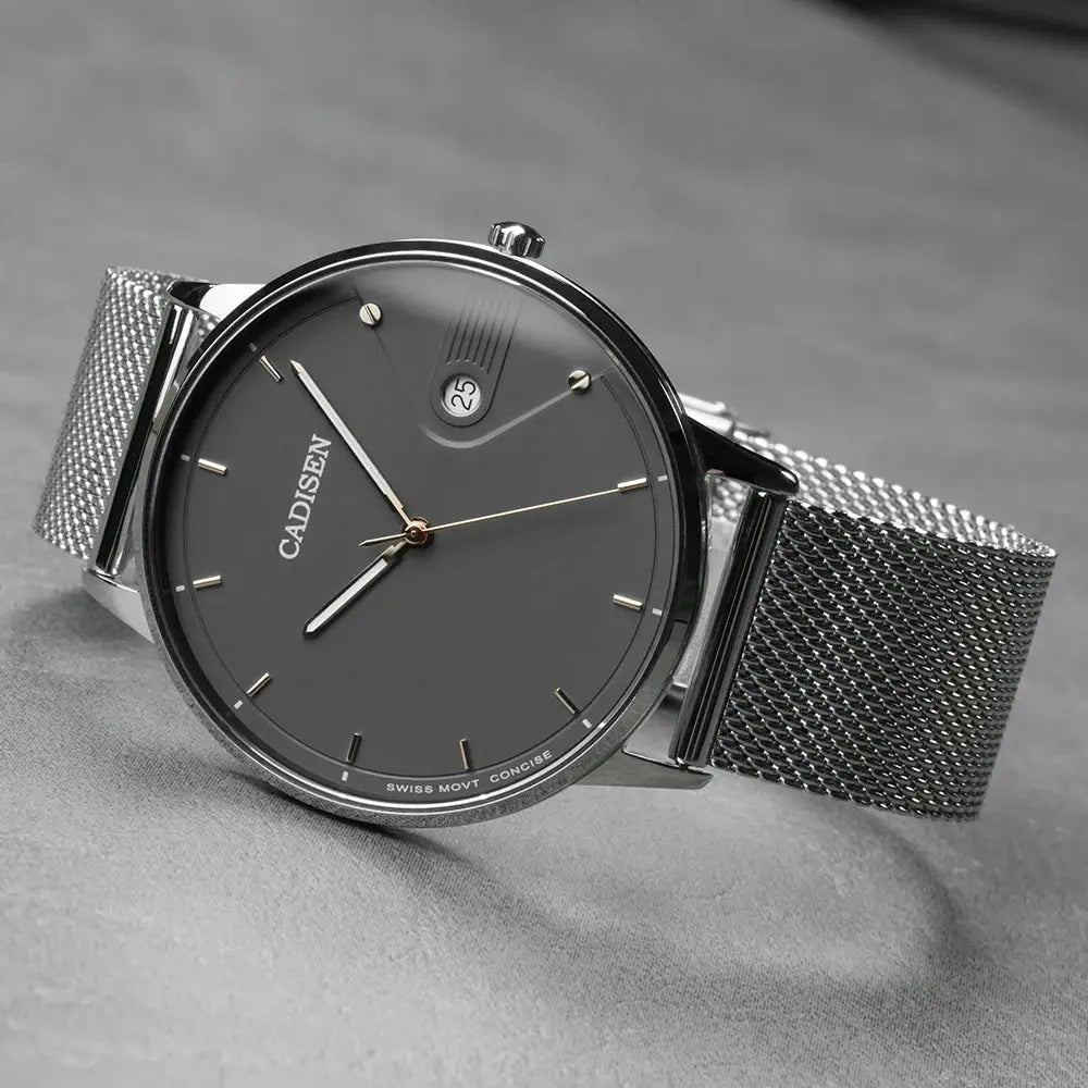 CADISEN Swiss Ronda 715 quartz watch men's gray dial with stainless steel Milano mesh strap