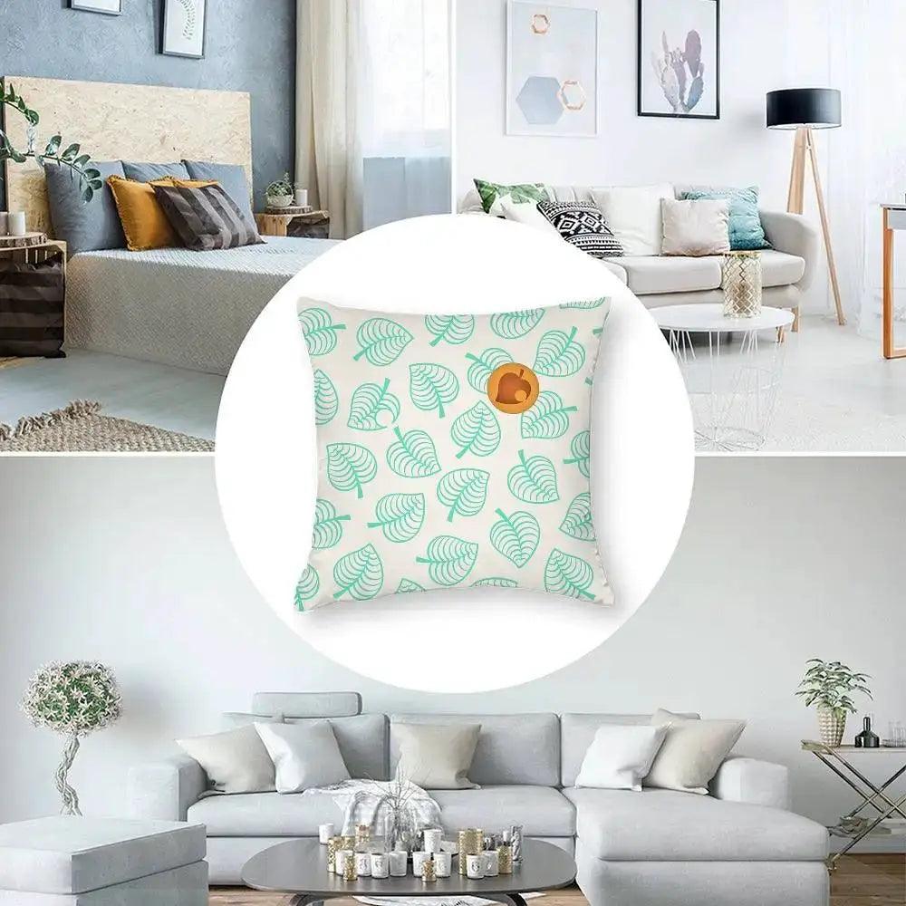Pillow cover square cushion with Animal Crossing-inspired teal leaf print on cream, short plush, double-sided.