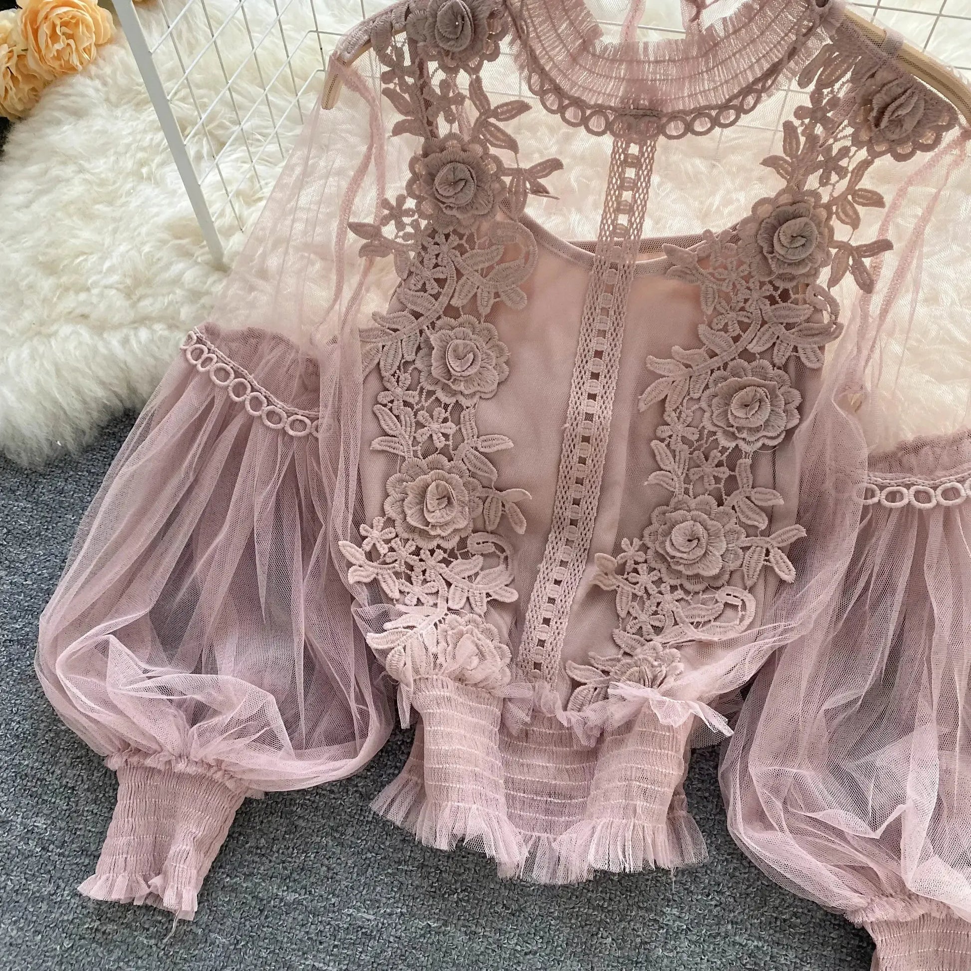 Lace puff long sleeve blouse in pink with floral appliqué and sheer tulle detailing