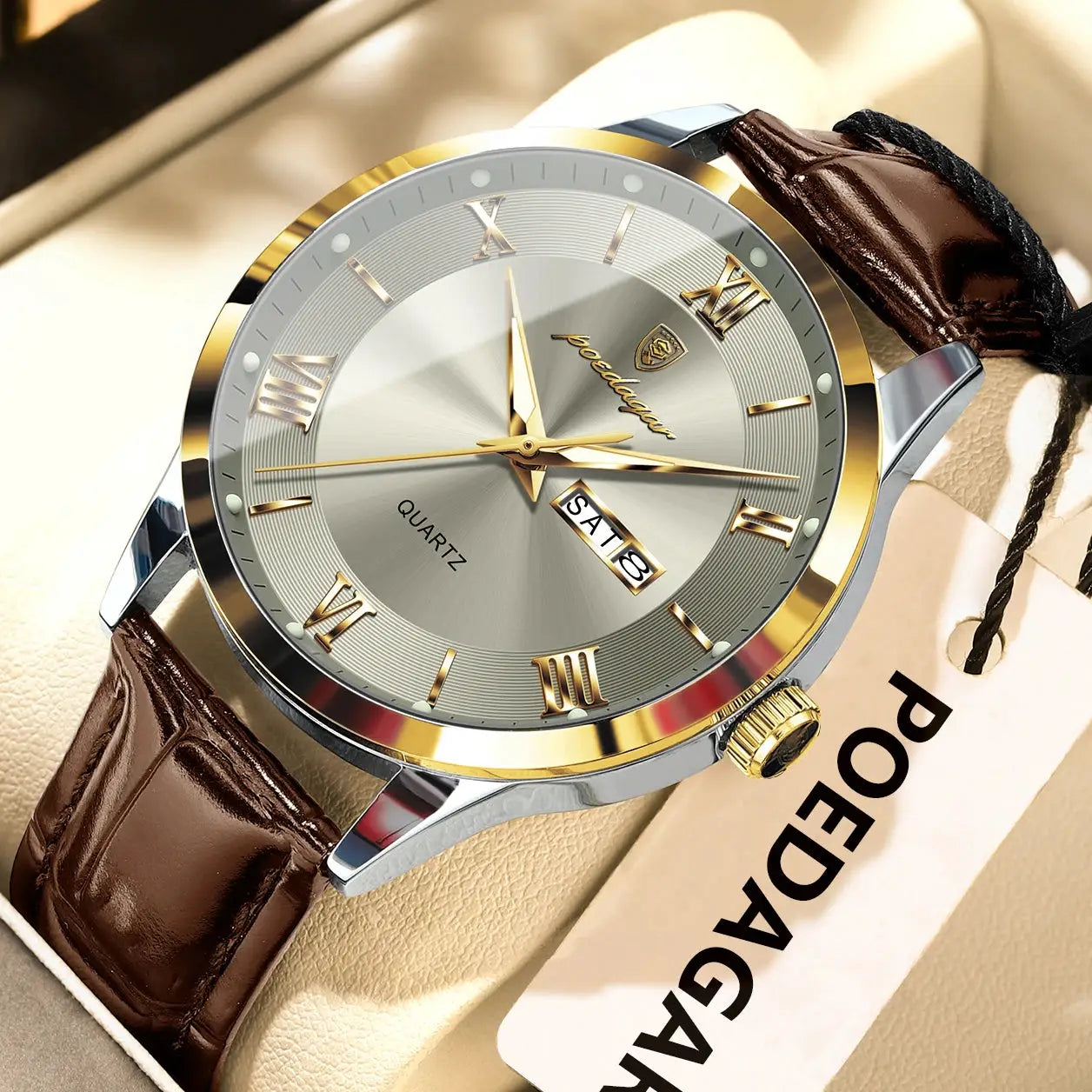 POEDAGAR Original Men Leather Strap Quartz Watch Luminous Waterproof Stainless Steel Case Timepiece
