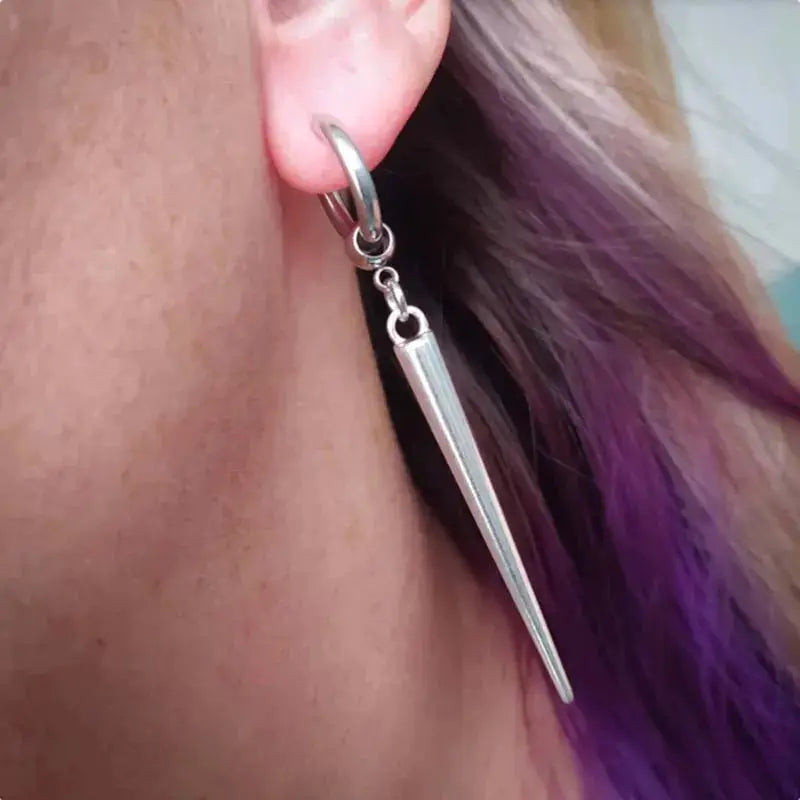 Punk Hip Hop Spike Huggie Hoop Earrings For Men And Women Vintage Gothic Silver Long Tassel Rivet Pendant Earrings Jewel