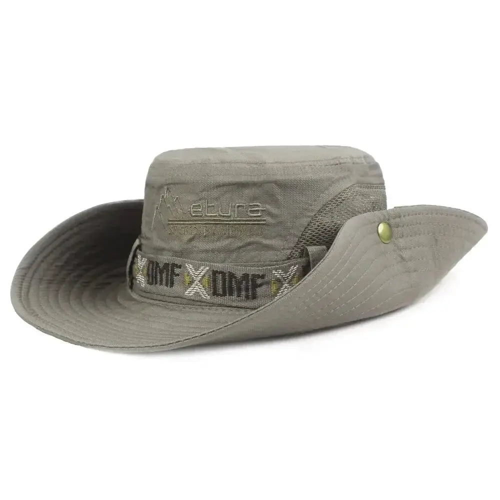 Men's gray bucket hat with wide brim and mesh side panels.